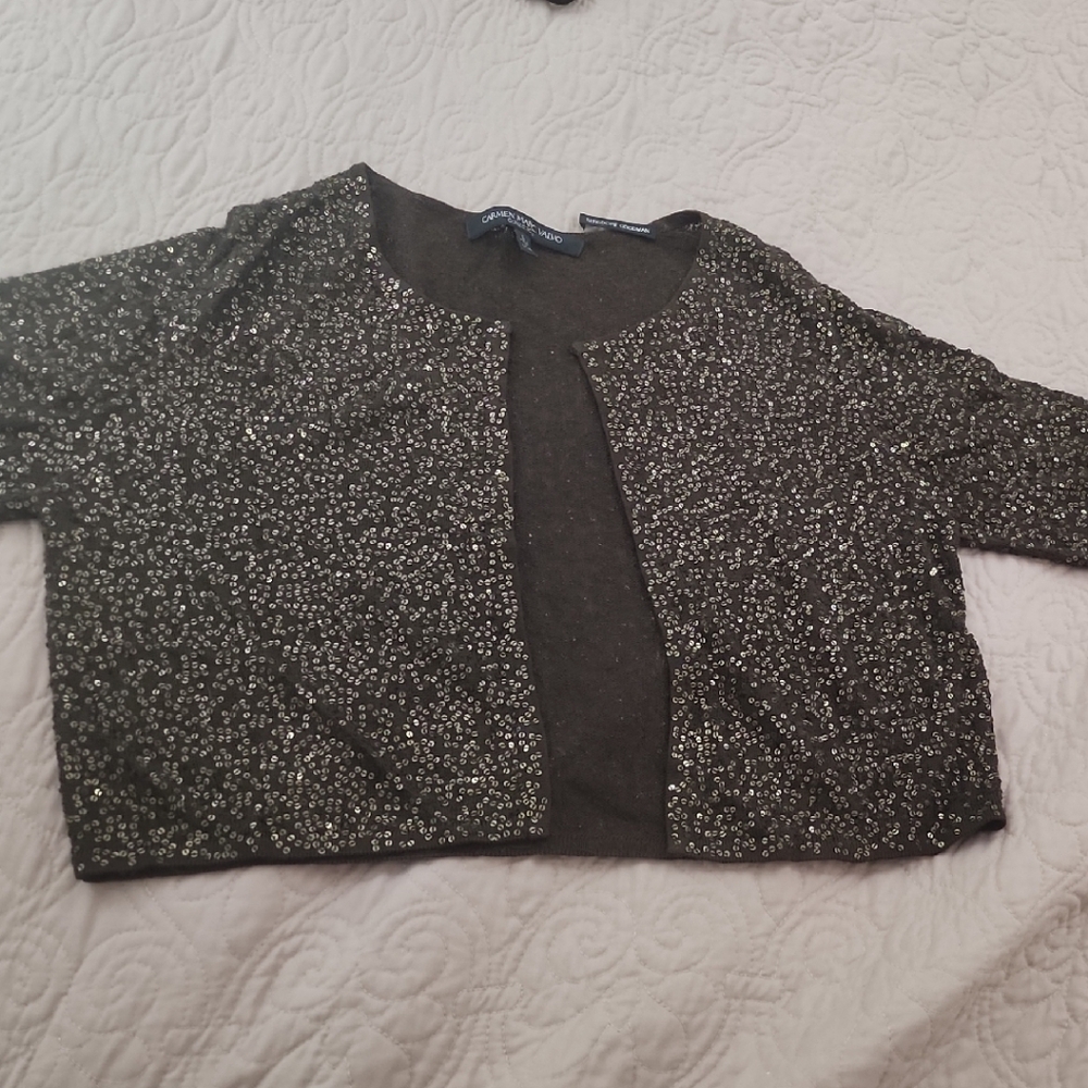 Carmen Marc Valvo Collection Green Sequin Cardigan and Top Set Size L